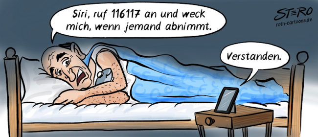 Cartoon zum Impfchaos bei Corona-Impfterminen: Ein alter Mann liegt im Bett und sagt „Siri, ruf 116117 an und weck mich, wenn jemand abnimmt.
