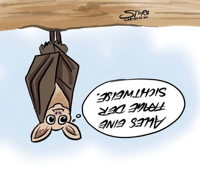 Cartoon Comic zu Sichtweisen des Lebens. Eine Fledermaus hängt verkehrt herum und denkt: Alles eine Frage der Sichtweise.