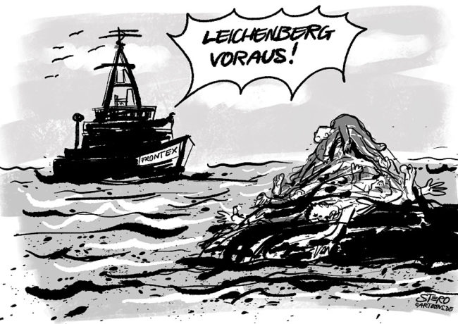 Cartoon-Comic- Illustration zur Seenotrettung im Mittelmeer. Eine Person auf dem Schiff der Grenzschützer Frontex ruft „Leichenberg voraus“. Im Wasser treiben ertrunkene Flüchtlinge aus Nordafrika. 210314a