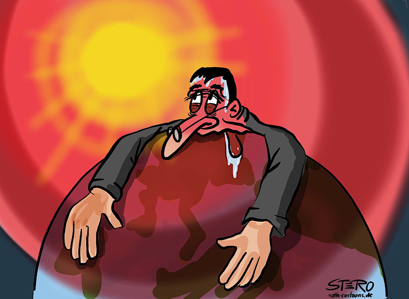 Cartoon-Illustration zum Klimawandel. Ein Mann liegt auf der heissen Erde. Hotearth und Hothouse werden Realität