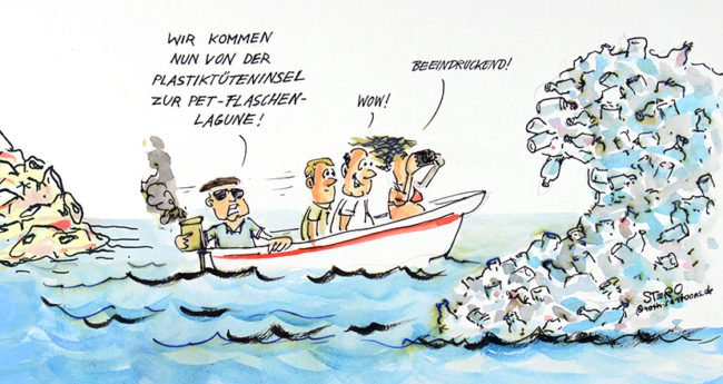 Cartoon--Comic zu Müll im Meer: Touristenboot auf Bali. Der Fremdenführer sagt: Wir kommen jetzt von der Plastiktüteninsel zur PET-Flaschenlagune.