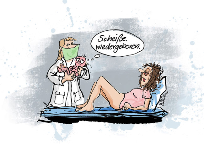 Cartoon zu Wiedergeburt und Reinkarnation. Ein Baby liegt neugeboren in den Armen der Hebamme und denkt: Scheiße, wiedergeborren.