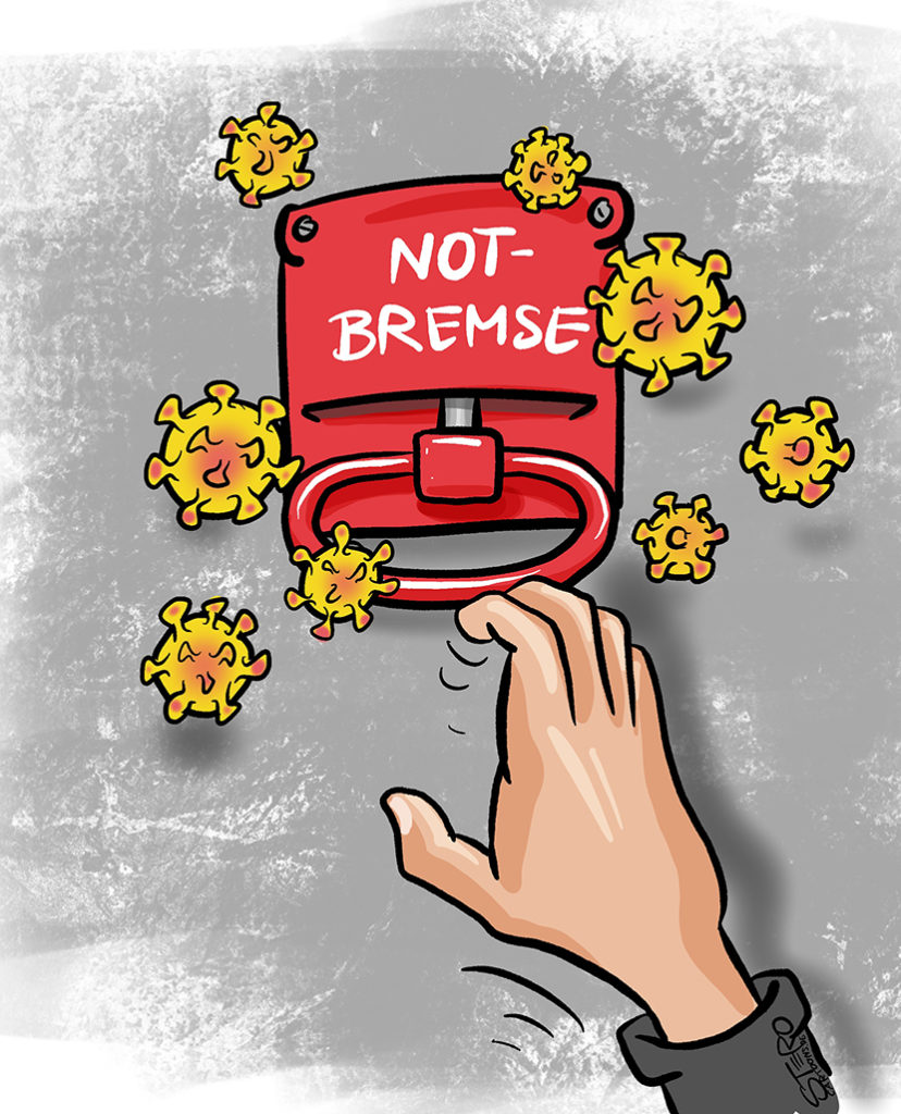 Illustration-Bild-Cartoon: Eine Hand greift nach der Notbremse in der Coronapandemie