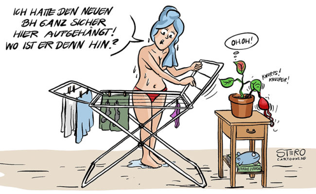Cartoon zu Cradle to Cradle. Ein Frau steht halbnackt vor einem Wäscheständer und sucht ihren Bio-BH. Die Pflanze hat ihn längst kompostiert.
