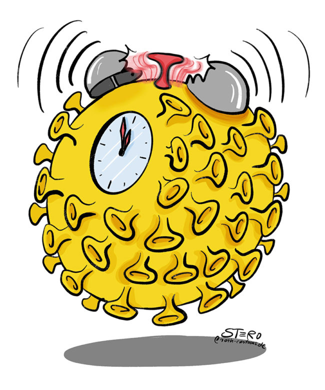 Cartoon-illustration: der Coronavirus als Wecker.