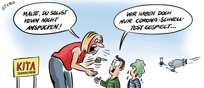 Cartoon zu Coronaschnelltest ind Kitas: Ein Betreuerin schimpft die Kinder, weil sie Coronaschnelltest gespielt haben.