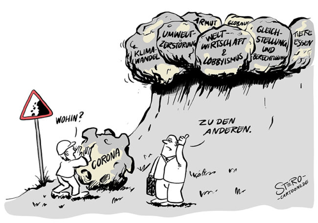Cartoon zum Klimawandel und Corona. Ein Bauarbeiter schiebt einen Felsblock, in Form vom Coronavirus. Er fragt den Bauleiter: Wohin damit? Der Bauleiter antwortet: Zu den anderen! Und zeigt nach oben. Oben auf dem Berg liegen bereits weitere Brocken, die zu kippen drohen: Der Klimawandel, Lobbyismus, Umweltzerstörung, Gleichberechtigung