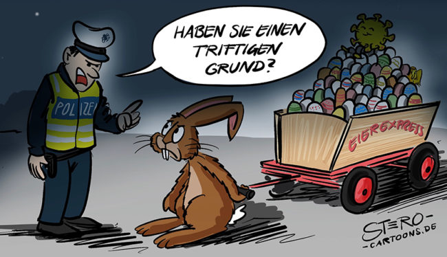 Cartoon zur Ausgangssperre an Ostern: Der Osterhase wird nachts von der Polizei kontrolliert: Haben Sie einen triftigen Grund?