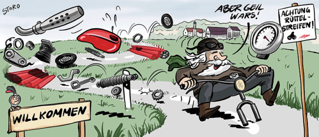 Cartoon zu Rüttelstreifen. Ein Biker knattert mit seinem Motorrad über die Rüttelstreifen zur Geschwindigkeitsbegrenzung und verliert unterwegs, Auspuff, Räder, Stoßdämpfer.