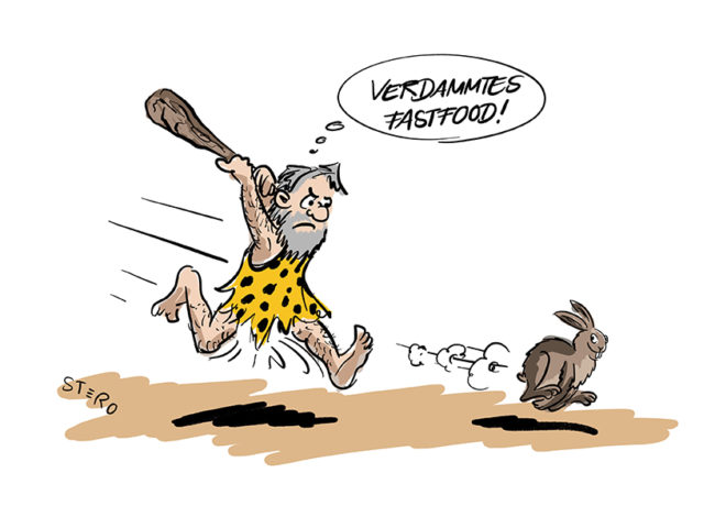Cartoon zu Jäger und Sammler. Ein Neandertaler jagt vergeblich einen Hasen und denkt"Verdammtes Fast Food".