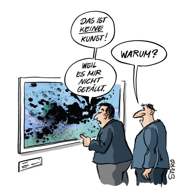 Cartoon zu Kunstkritik: Zwei Männer vor einem Gemälde: Ist es nur Kunst, wenn es gefällt?
