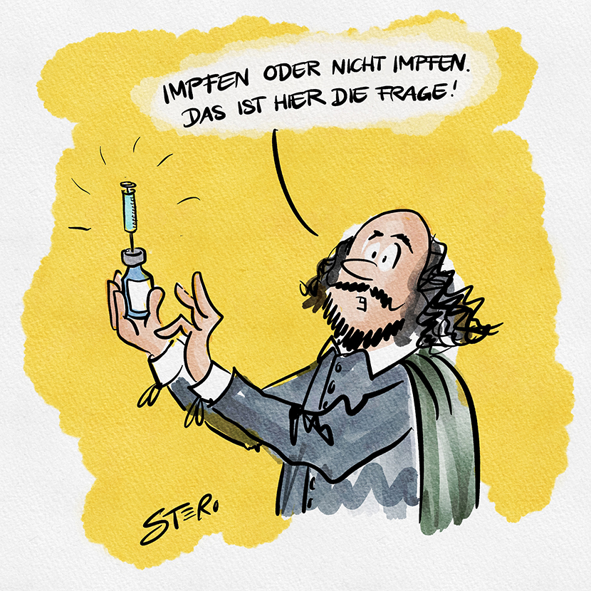 Cartoon zu Impfung gegen Corona/Covi19: Hamlet von Shakespeare setht mit einer Spritze statt dem berühmten Todenschädel und variiert "Sein oder nicht sein - da ist hier die Frage zu  impfen oder nicht impfen.