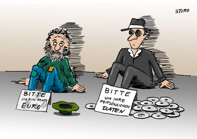 Cartoon zu Datenschutz: Ein Bettler sitzt auf dem Boden und bettelt um ein paar Euro. Neben ihm bettelt ein Datensammler Datenkrake um persönliche Daten.