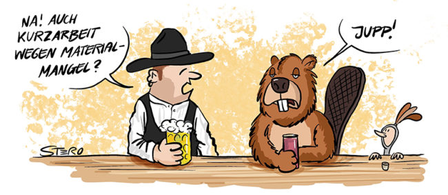 Cartoon-Comic-zu Materialmangel im Handwerk wegen Corona. Ein Zimmermann und ein Biber sitzen in einer Bar und klagen über Holzmangel