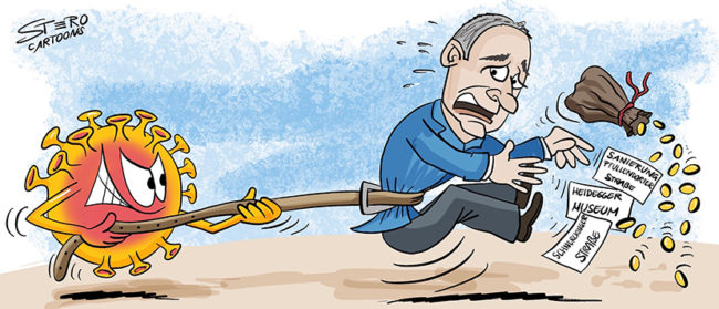 Cartoon zu den finanziellen Auswirkungen der Coronapandemie. Viele Gemeinden müssen aufgrund gestiegener Kosten und gesunkener Einnahmen den Gürtel enger schnallen