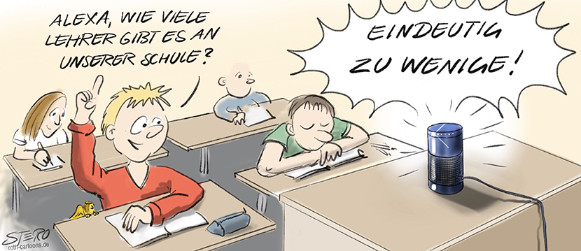 Cartoon zum Lehrermangel an deutschen Schulen: Ein Schüler fragt Alexa in der Schule, wieviele Lehrer es gibt. Alexa antwortet: Zu wenige!"