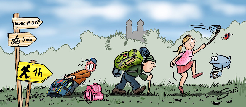 Cartoon zum Schulweg – Kinder mit schwerem Ranzen sind unterwegs, weil die ÖNPV versagt