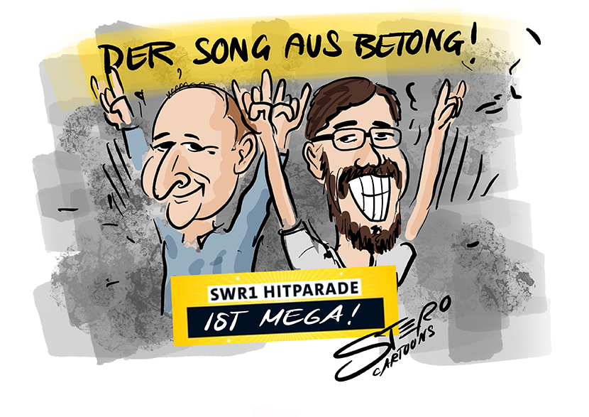 Karikatur/Schnellzeichnung von Ingo Lege und Patrick Neelmeier mit der Pommesgabel bei der SWR1 Hitparade
