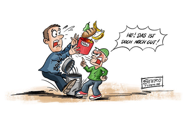 Ein Mann will noch essbare Lebensmittel in den Müll werfen. Ein Kind tritt mit voller Wucht auf den Treteimer, der Deckel fliegt dem Mann gegen den Bauch. Es ruft: He, das ist doch noch gut!