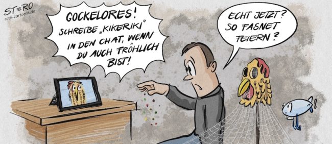 Cartoon Fasnacht 2022: Ein Narr sitzt vor einem Bildschirm und versucht Fasnet online zu feiern