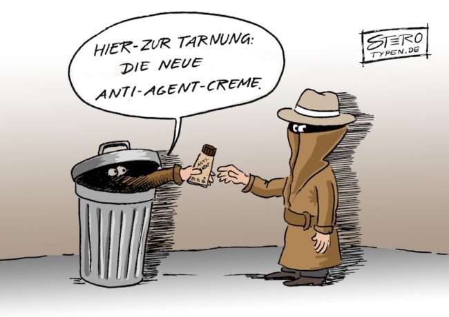 Cartoon zu Agent und Anti-Aging. Ein Geheimagent gibt einem anderen Agenten aus einem Versteck heraus eine Anti-Agent-Creme - zur Tarnung.