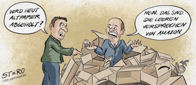 Cartoon zu amazon: Ein Mann steht inmitten von leeren Kartons von amazon. Häufig kündigt amazon bei der Nutzung neuer Gewerbeflächen grossspurige Veräanderungen an, die sich oft für die Städte als leere Versprechen entpuppen.
