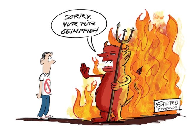 Cartoon zur Impfung: EIn Mann kommt nach seinem Tod in die Hölle. Doch auch dort gilt: Zutritt nur für Geimpfte.