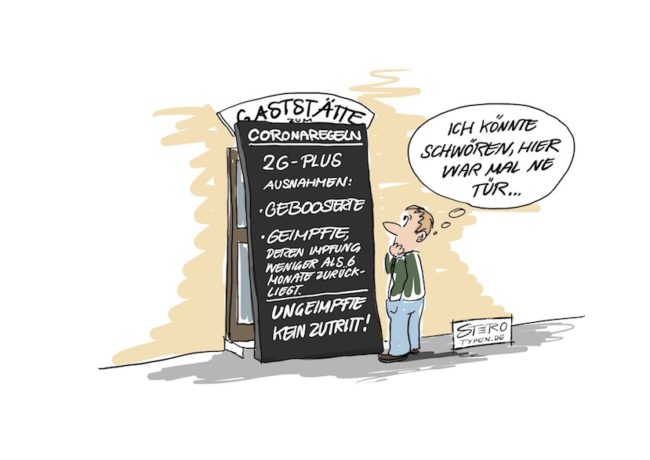 Cartoon zu Coronaregeln in Gaststätten: Ein Mann steht vor einer Informationstafel auf der die Coronaregeln stehen. Die Tür ist nicht mehr zu sehen.