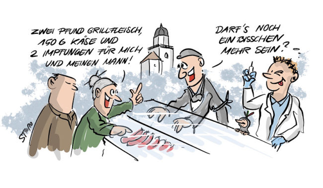 Cartoon zur Coronaimpfung: Ein älteres Ehepaar kauft auf dem Wochenmarkt Fleisch und nimmt noch ne Impfung mit. Niederschwelliges Impfangebot.