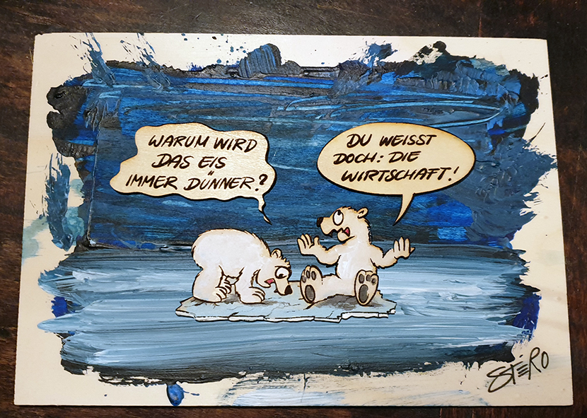 Cartoon "Eisbären auf Eisscholle sprechen über Klimawandel und Wirtschaft als Kunstobjekt gelasert, gemalt auf Sperrholz