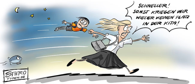 Cartoon zum Kitaplatzmangel. Eine Mutter rennt mit ihrem Kind im Morgengrauen zur Kita, damit sie noch einen Platz ergattern, und sie zum Arbeiten kann.