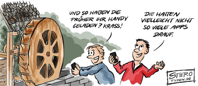 Cartoon zu Strom, Energie, Handy: Zwei Menschen stehen vor einer alten antiken Mühle und fragen: Haben die früher so ihr Handy aufgeladen?