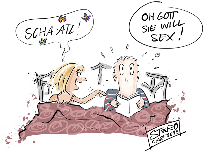 Cartoon zu Sex in Langzeitbeziehung: Ein Paar liegt im Bett: Sie sagt "Schatz" und er denkt "Oh Gott, sie will Sex!"