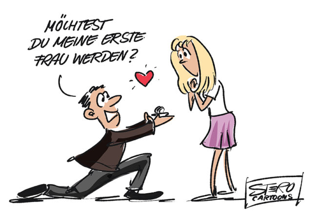 Cartoon übers Heiraten. Ein Mann macht seiner Frau auf Knien einen Heiratsantrag und fragt sie: Möchtest du meine zweite Frau werden. Dies als Allegorie auf die vielen Ehen, die begeistert beginnen und entgeistert in Scheidung enden.