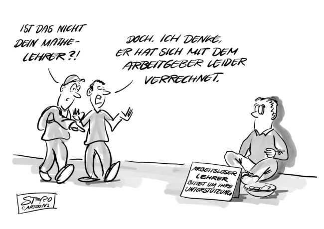 Cartoon zu Arbeitslosigkeit und befristeten Verträgen von Lehrern über die Sommerferien. Ein bettelnder Lehrer versucht, mit Almosen über den Sommer zu kommen und wird dabei von seinen Schülern erkannt.