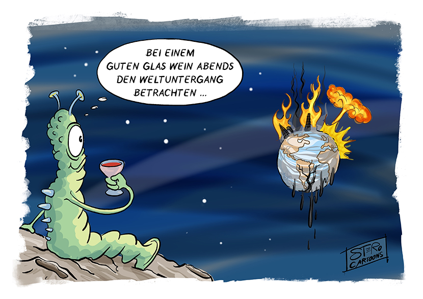 Cartoon-Ein Außerirdischer sitzt auf einem Planeten und betrachtet den Weltuntergang mit einem Glas Wein in der Hand.