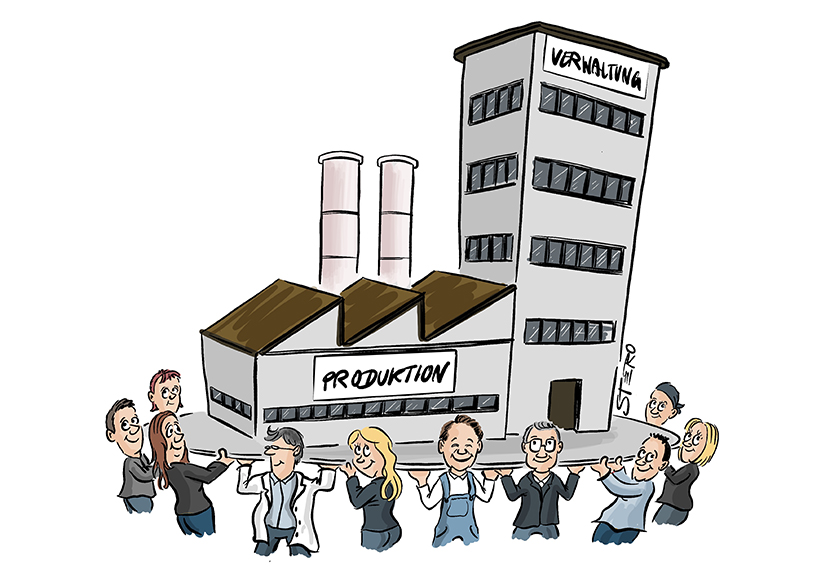 Cartoon-Illustration: Mitarbeiter tragen Firma. Ein Fabrikgebäude und ein Büro werden von den Mitarbeitern und Mitarbeiterinnen getragen.