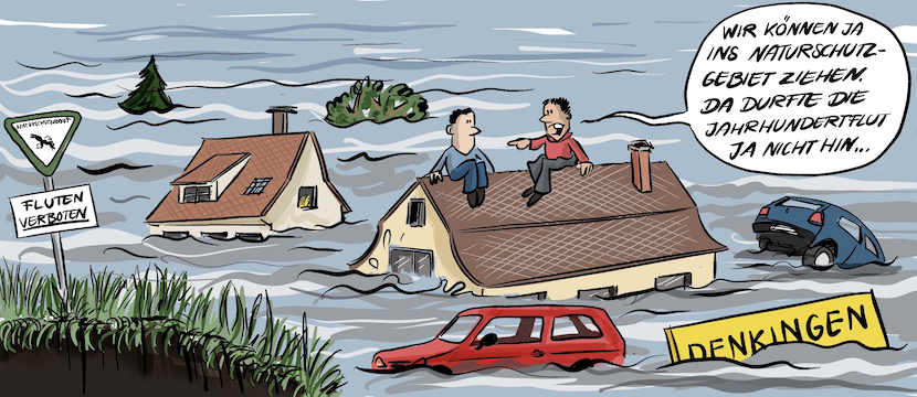 Cartoon Comic Hochwasserschutz contra Naturschutz. Zwei Menschen sitzen bei Hochwasser und Überschwemmung auf einem Hausdach und reden darüber, dass das Naturschutzgebiet für die Flut gesperrt ist.