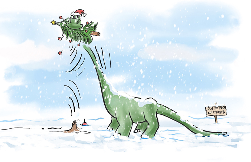 Cartoon: Ein Dinosaurier Brontosaurus reißt einen geschmückten Weihnachtsbaum aus.