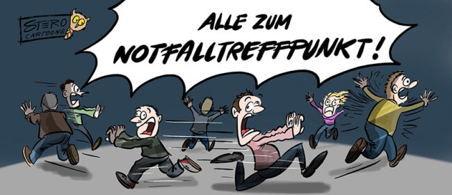 Cartoon Comic zu Notfalltreffpunkt. In einer Stadt fällt der Strom aus (Blackout) und alle versuchen zum Notfalltreffpunkt zu kommen. Doch keiner weiß wohin, da dieser geheim ist.