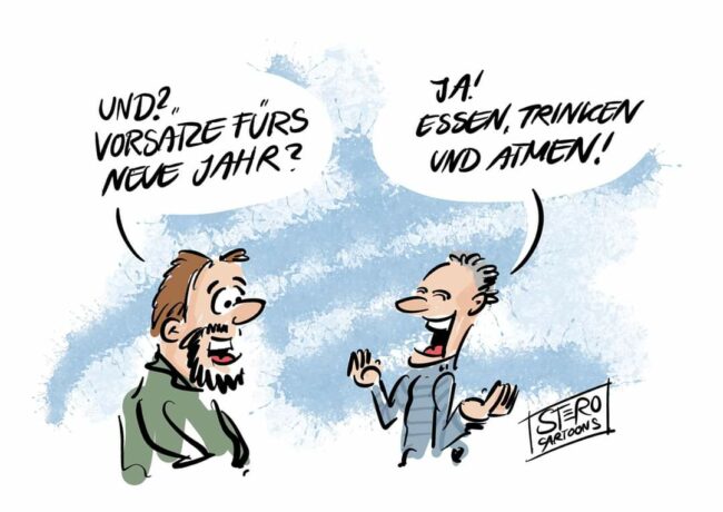 Cartoon Comic zu Vorsätze fürs neue Jahr: Zwei Menschen treffen sich. Er fragt: "Und? Vorsätze fürs neue Jahr?" Der andere antwortet: "Ja, Essen, Trinken und Atmen."