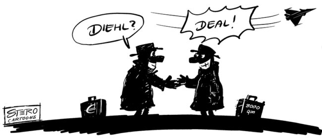 Cartoon-Karikatur zum Diehl-Deal in Überlingen. Zwei Männer im Gegenlicht geben sich den Handschlag zum Grundstücksverkauf.