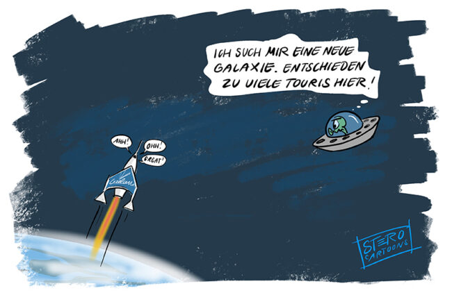 Cartoon zu Weltraumtourismus. Die Virgin Galactic im All, ein Alien im Ufo beschwert sich, dass zu viele Touristen im All herumfliegen.