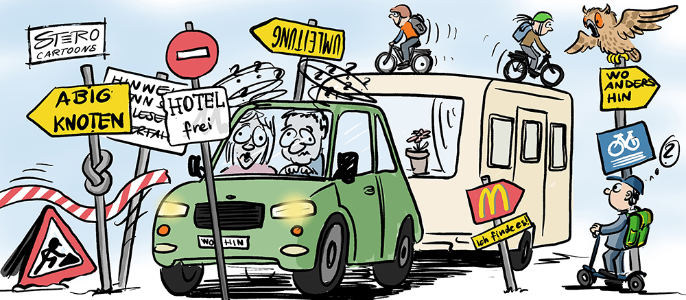 Cartoon zu Verkehr, Baustelle, Umleitung und Schilderwald. Ein Wohnwagengespann steckt in einer Baustelle zwischen Straßenschildern fest.