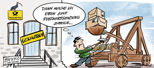 Cartoon-Karikatur zu Postfilialen schließen: Mann befördert sein Paket mit dem Katapult zum Empfänger.