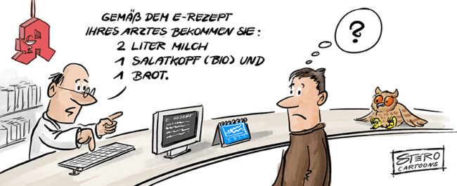 Cartoon zum e-Rezept. Ein Mann steht in der Apotheke und das e-Rezept funktioniert nicht.