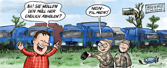 Cartoon zum Lastwagenfriedhof in Friedrichshafen. Ein Anwohner sagt zu zwei Urbexern: Ah, Sie wollen den Müll hier abholen? die zwei Urban Explorer antworten: Nein, nur filmen. Das Video geht viral.