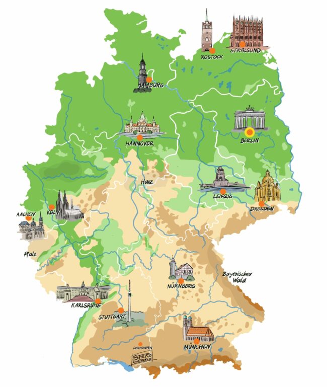 Deutschlandkarte, topografische Karte, München, Stuttgart, Karlsruhe, Nürnberg, Aachen, Köln, Dresden, Hamburg, Berlin, Leipzig, Rostock, Stralsund, Donau, Rhein, Weser