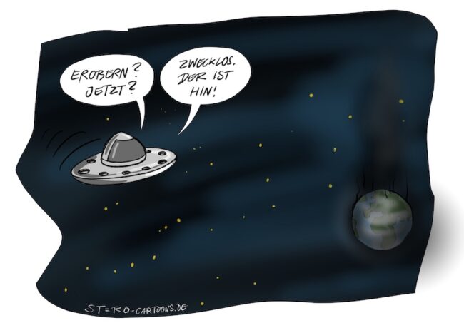 Zwei Aliens sitzen in einem UFO. Das eine will die Erde erobern, doch das andere sagt, dass es zwecklos ist, da der Planet schon kaputt ist.