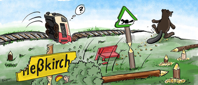 Ein Biber beschädigt alles. Dadurch entgleist ein Zug. Der Biber läuft wieder weg. Das Meßkirchschild ist angebissen.